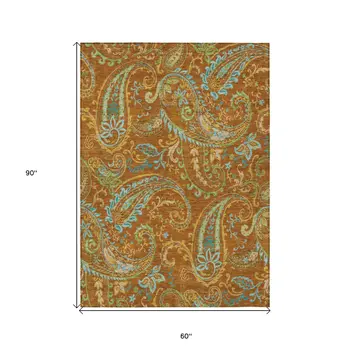 5' X 8' Orange Paisley Washable Non Skid Indoor Outdoor Area Rug