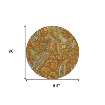 8' Round Orange Round Paisley Washable Non Skid Indoor Outdoor Area Rug