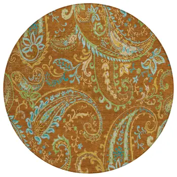 8' Round Orange Round Paisley Washable Non Skid Indoor Outdoor Area Rug