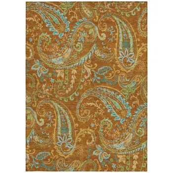 8' X 10' Orange Paisley Washable Non Skid Indoor Outdoor Area Rug