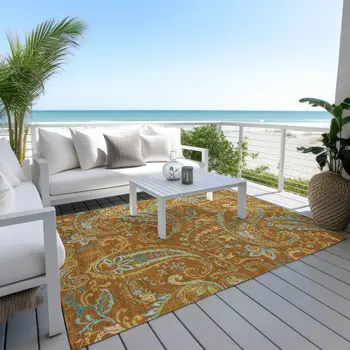 8' X 10' Orange Paisley Washable Non Skid Indoor Outdoor Area Rug