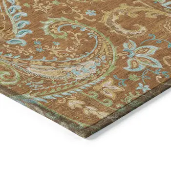 8' X 10' Orange Paisley Washable Non Skid Indoor Outdoor Area Rug