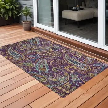 2' X 3' Purple Paisley Washable Non Skid Indoor Outdoor Area Rug