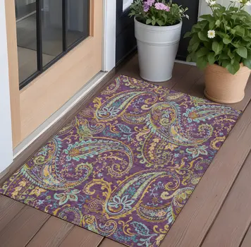3' X 5' Purple Turquoise and Gold Paisley Washable Non Skid Indoor Outdoor Area Rug