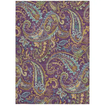 3' X 5' Purple Turquoise and Gold Paisley Washable Non Skid Indoor Outdoor Area Rug