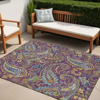 5' X 8' Purple Turquoise and Gold Paisley Washable Non Skid Indoor Outdoor Area Rug