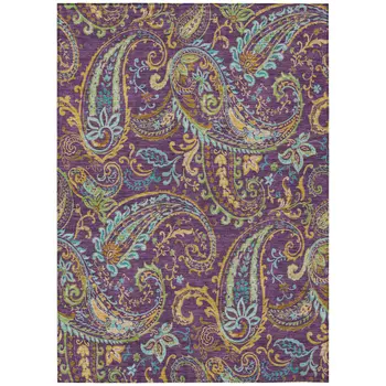 8' X 10' Purple Turquoise and Gold Paisley Washable Non Skid Indoor Outdoor Area Rug