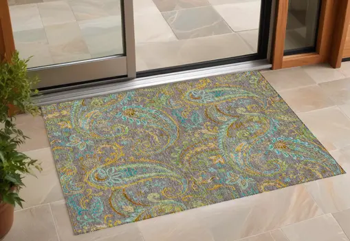2' X 3' Taupe Paisley Washable Non Skid Indoor Outdoor Area Rug