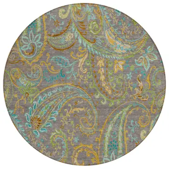8' Round Taupe Round Paisley Washable Non Skid Indoor Outdoor Area Rug