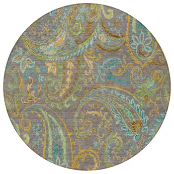 8' Round Taupe Round Paisley Washable Non Skid Indoor Outdoor Area Rug
