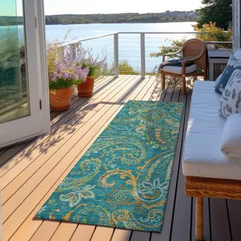 8' Runner Teal Paisley Washable Non Skid Indoor Outdoor Runner Rug