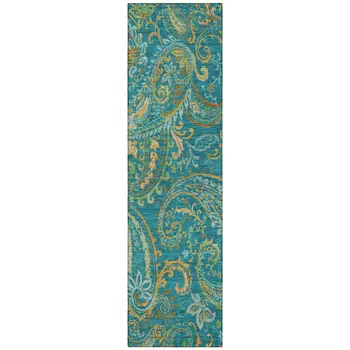 8' Runner Teal Paisley Washable Non Skid Indoor Outdoor Runner Rug