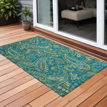 3' X 5' Teal Paisley Washable Non Skid Indoor Outdoor Area Rug