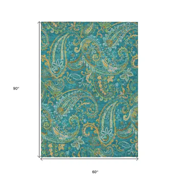 5' X 8' Teal Paisley Washable Non Skid Indoor Outdoor Area Rug