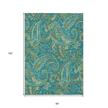 8' X 10' Teal Paisley Washable Non Skid Indoor Outdoor Area Rug