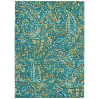 9' X 12' Teal Paisley Washable Non Skid Indoor Outdoor Area Rug