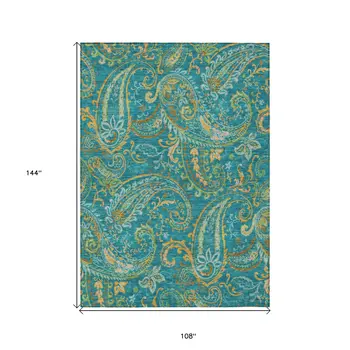 9' X 12' Teal Paisley Washable Non Skid Indoor Outdoor Area Rug