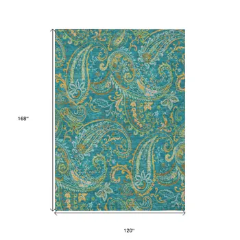 10' X 14' Teal Paisley Washable Non Skid Indoor Outdoor Area Rug