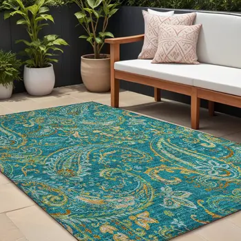 10' X 14' Teal Paisley Washable Non Skid Indoor Outdoor Area Rug