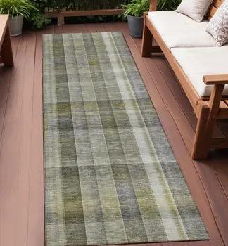 2' X 8' Gray Plaid Washable Non Skid Indoor Outdoor Runner Rug