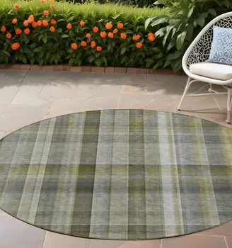 8' Round Gray Round Plaid Washable Non Skid Indoor Outdoor Area Rug