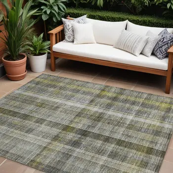 8' X 10' Gray Plaid Washable Non Skid Indoor Outdoor Area Rug