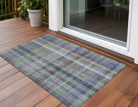 2' X 3' Blue Gray and Green Plaid Washable Non Skid Indoor Outdoor Area Rug