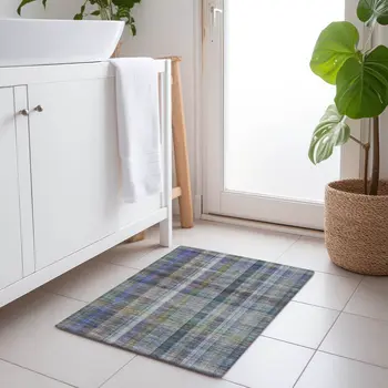 2' X 3' Blue Gray and Green Plaid Washable Non Skid Indoor Outdoor Area Rug