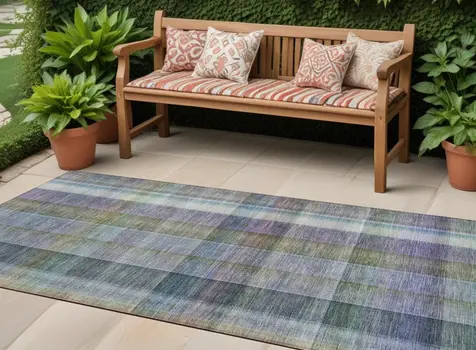 2' X 8' Blue Gray and Green Plaid Washable Non Skid Indoor Outdoor Area Rug
