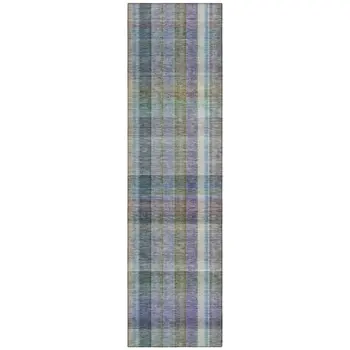 2' X 8' Blue Gray and Green Plaid Washable Non Skid Indoor Outdoor Area Rug