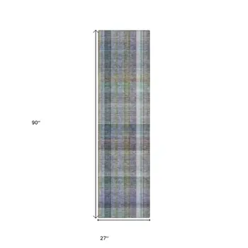 2' X 8' Blue Gray and Green Plaid Washable Non Skid Indoor Outdoor Area Rug