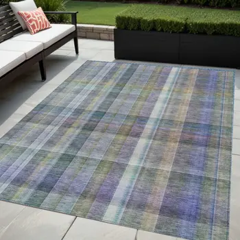 5' X 8' Blue Gray and Green Plaid Washable Non Skid Indoor Outdoor Area Rug