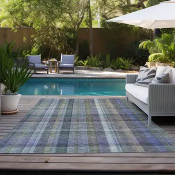 5' X 8' Blue Gray and Green Plaid Washable Non Skid Indoor Outdoor Area Rug