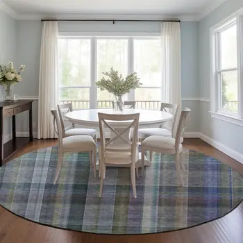 8' X 8' Blue Gray and Green Round Plaid Washable Non Skid Indoor Outdoor Area Rug