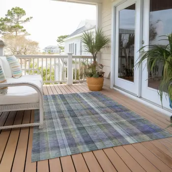 9' X 12' Blue Gray and Green Plaid Washable Non Skid Indoor Outdoor Area Rug