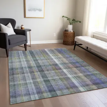 9' X 12' Blue Gray and Green Plaid Washable Non Skid Indoor Outdoor Area Rug