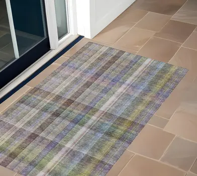 2' X 3' Gray Blue and Green Plaid Washable Non Skid Indoor Outdoor Area Rug