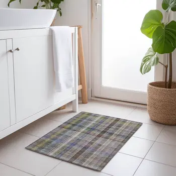 2' X 3' Gray Blue and Green Plaid Washable Non Skid Indoor Outdoor Area Rug