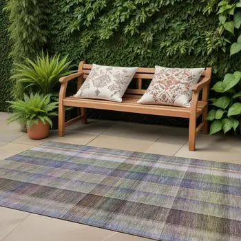 2' X 8' Gray Blue and Green Plaid Washable Non Skid Indoor Outdoor Area Rug
