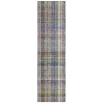 2' X 8' Gray Blue and Green Plaid Washable Non Skid Indoor Outdoor Area Rug