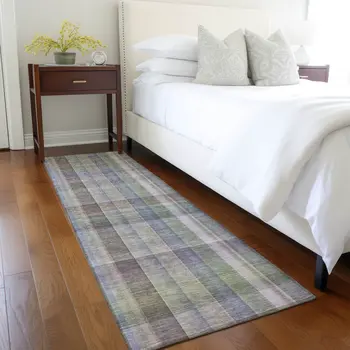 2' X 8' Gray Blue and Green Plaid Washable Non Skid Indoor Outdoor Area Rug