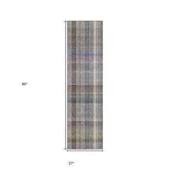 2' X 8' Gray Blue and Green Plaid Washable Non Skid Indoor Outdoor Area Rug