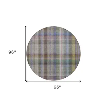 8' Round Gray Round Plaid Washable Non Skid Indoor Outdoor Area Rug