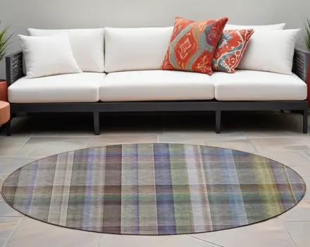 8' Round Gray Round Plaid Washable Non Skid Indoor Outdoor Area Rug