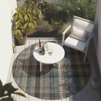 8' Round Gray Round Plaid Washable Non Skid Indoor Outdoor Area Rug