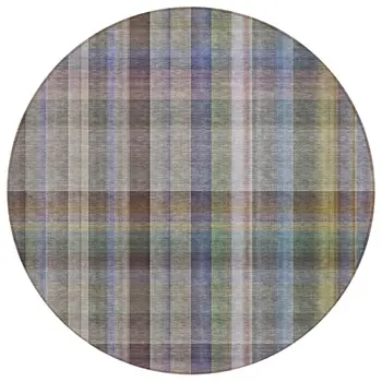 8' Round Gray Round Plaid Washable Non Skid Indoor Outdoor Area Rug