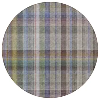 8' Round Gray Round Plaid Washable Non Skid Indoor Outdoor Area Rug