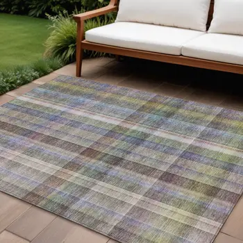 9' X 12' Gray Plaid Washable Non Skid Indoor Outdoor Area Rug