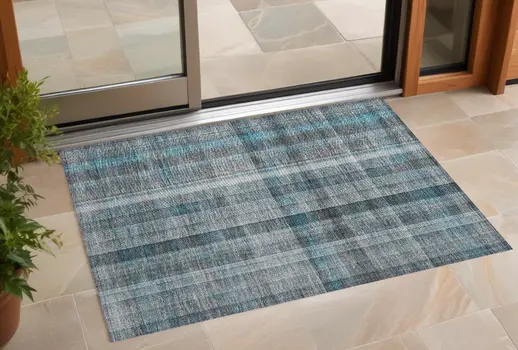 2' X 3' Teal Plaid Washable Non Skid Indoor Outdoor Area Rug