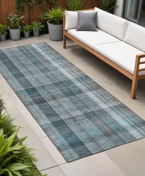 8' Runner Teal Plaid Washable Non Skid Indoor Outdoor Runner Rug